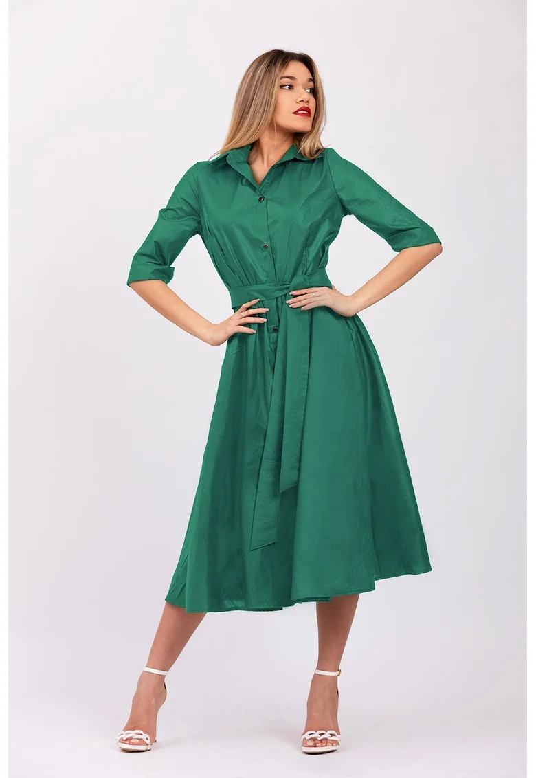 Rochie-camasa evazata cu cordon in talie, Verde aquamarin