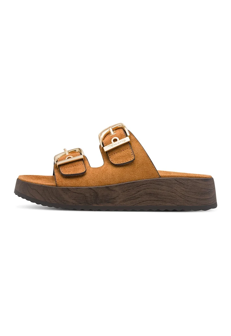 Papuci din piele intoarsa sintetica, Caramel