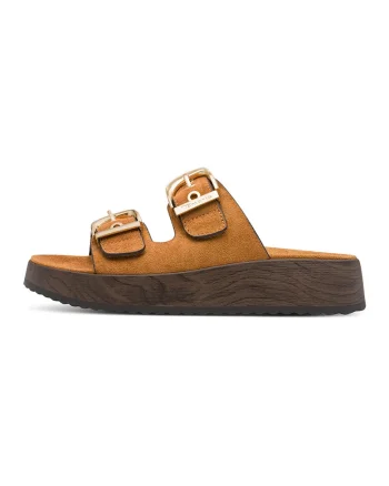 Papuci din piele intoarsa sintetica, Caramel
