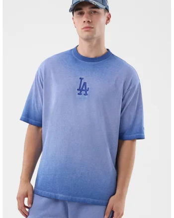 Tricou cu decolteu la baza gatului si aspect decolorat, Albastru pastel