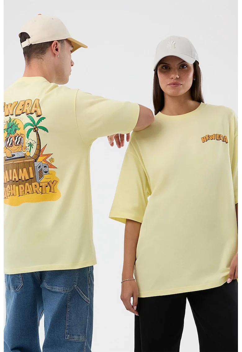 Tricou supradimensionat cu decolteu la baza gatului si model unisex, Galben pastel