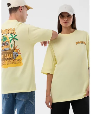 Tricou supradimensionat cu decolteu la baza gatului si model unisex, Galben pastel