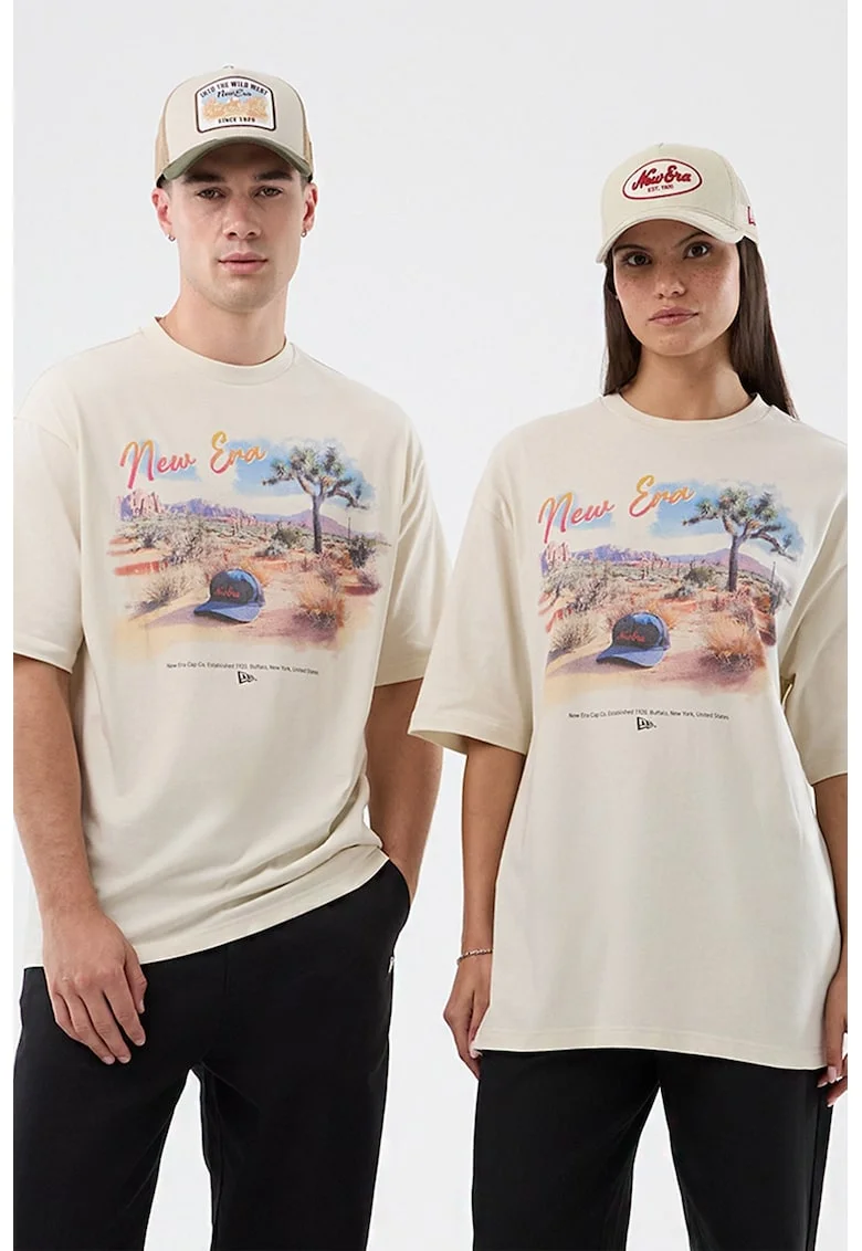 Tricou unisex din bumbac cu decolteu la baza gatului si design grafic, Bej deschis