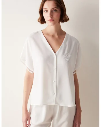 Bluza de pijama cu decolteu in V si detalii brodate, Alb