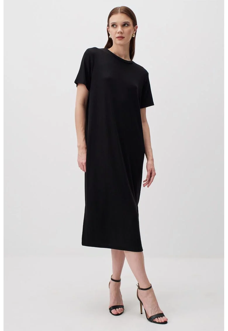 Rochie-tricou midi cu decolteu la baza gatului, Negru