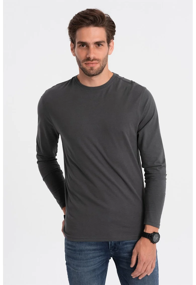Bluza din bumbac cu decolteu la baza gatului, Gri inchis