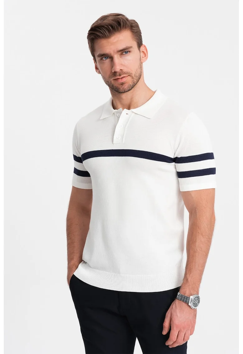 Tricou polo cu dungi contrastante, Alb optic