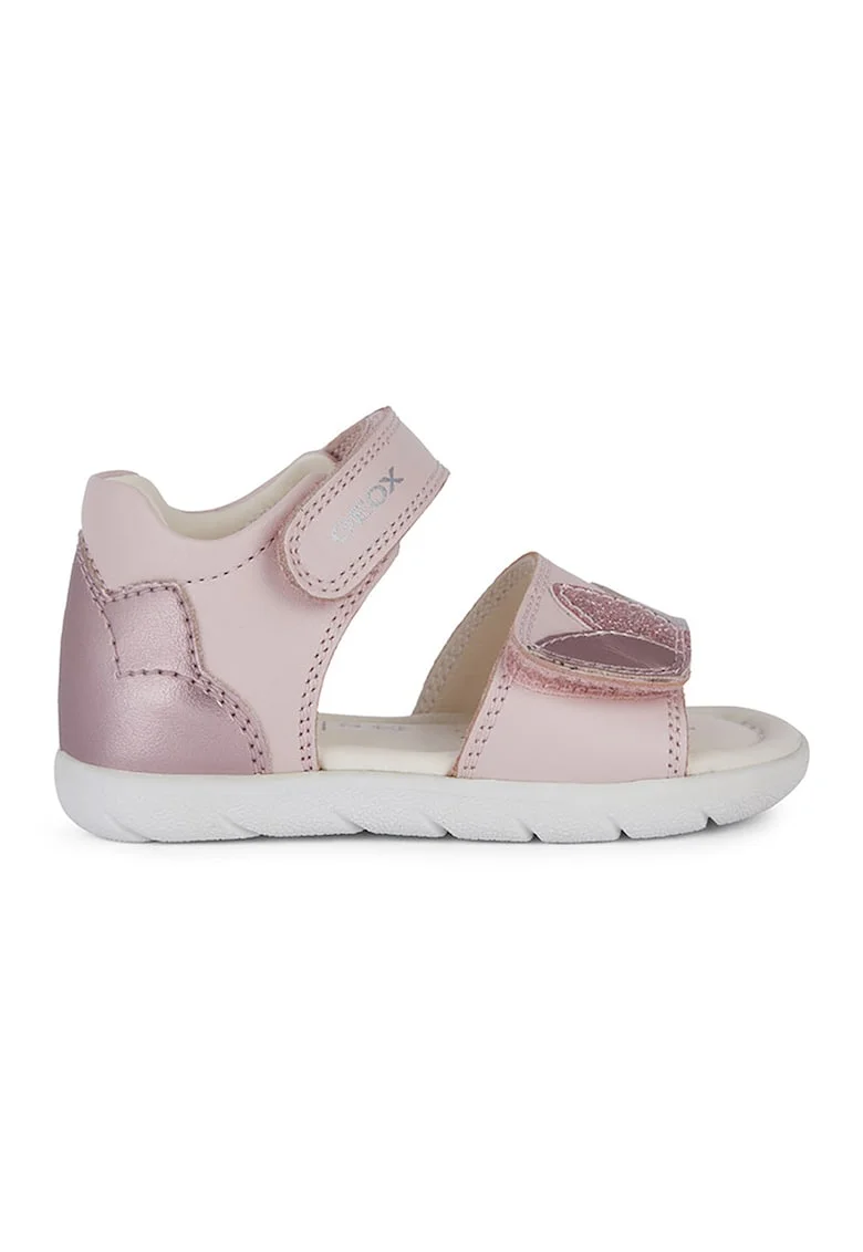 Sandale din piele cu inchidere velcro, Roz deschis/Argintiu