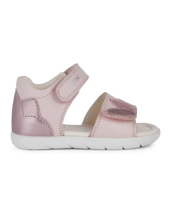 Sandale din piele cu inchidere velcro, Roz deschis/Argintiu