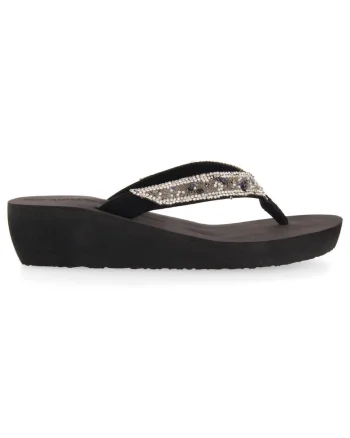 Papuci wedge cu bareta separatoare, margele si strasuri Mezzago, Negru