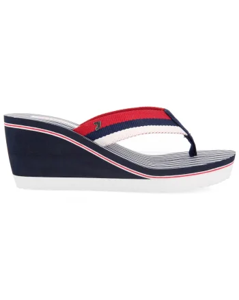 Papuci wedge cu bareta T, Bleumarin