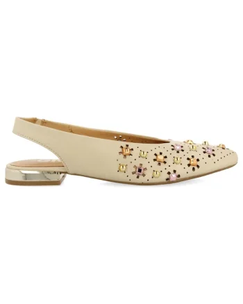 Balerini slingback de piele cu perforatii si varf ascutit, Alb murdar