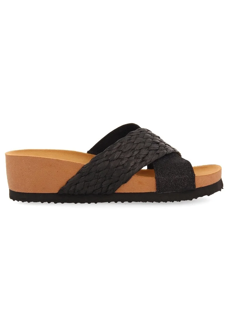 Papuci wedge de piele ecologica, Negru