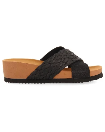 Papuci wedge de piele ecologica, Negru