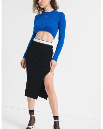Fusta cu talie inalta si slit lateral, Negru