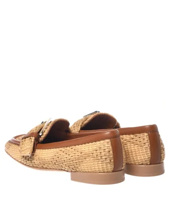 Pantofi loafer din piele si material textil cu catarama decorativa, Bej