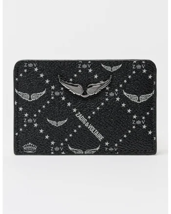 Portcart de piele cu model logo, Negru