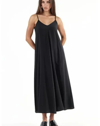 Rochie midi tip furou,  decolteu in V, poliester, Negru