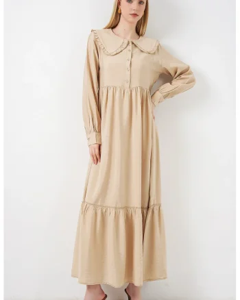 Rochie Maxi  guler bebelus, maneca lunga, bej natural, Bej Natural