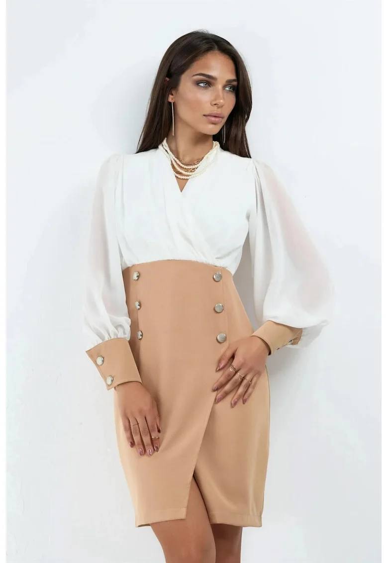 Rochie midi,  eleganta, decolteu in V, poliester-lycra, Maro