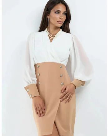 Rochie midi,  eleganta, decolteu in V, poliester-lycra, Maro