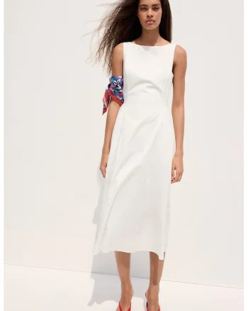 Rochie midi cu decolteu barcuta, Alb murdar