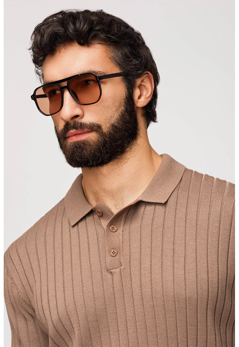 Tricou polo slim fit cu striatii, Maro camel