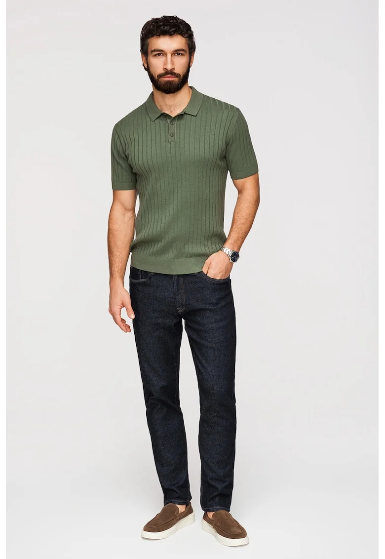 Tricou polo slim fit cu striatii, Verde masliniu