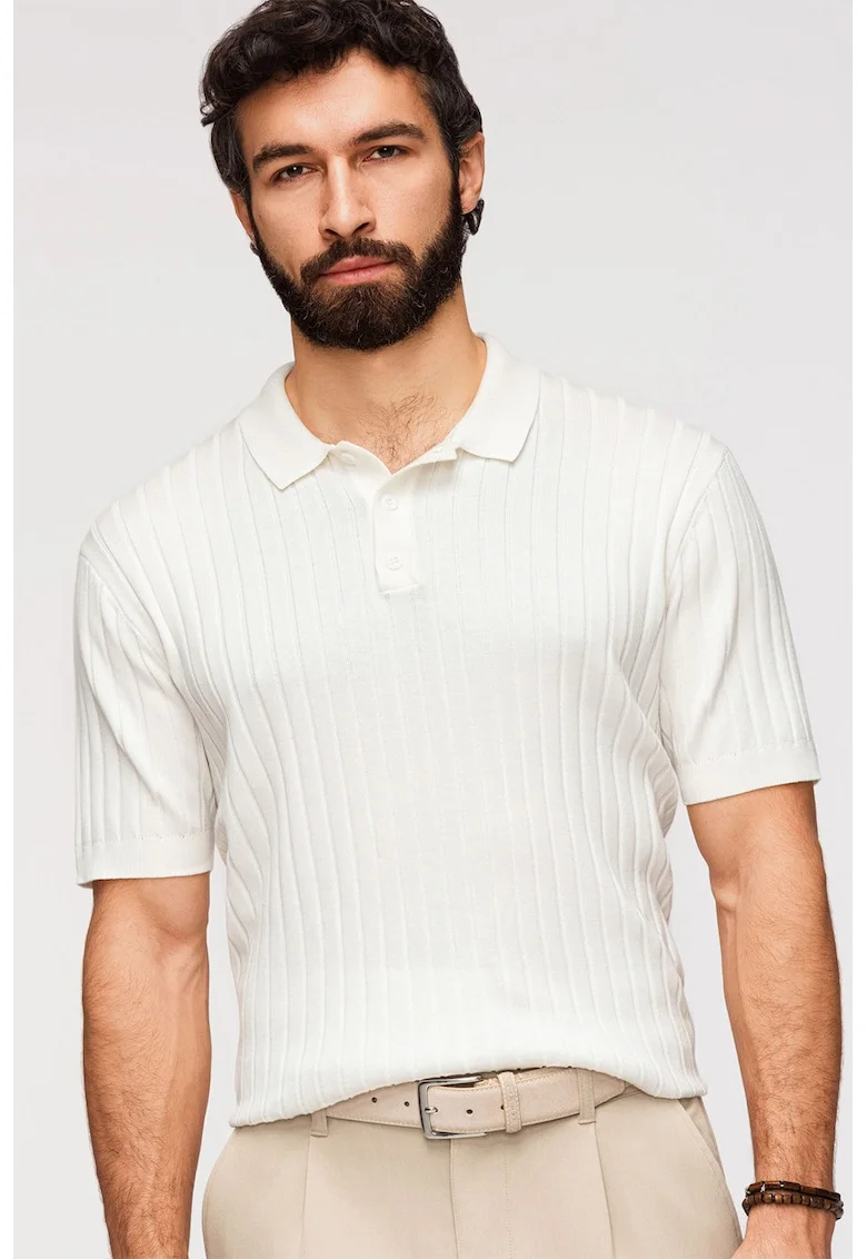 Tricou polo slim fit cu striatii, Alb