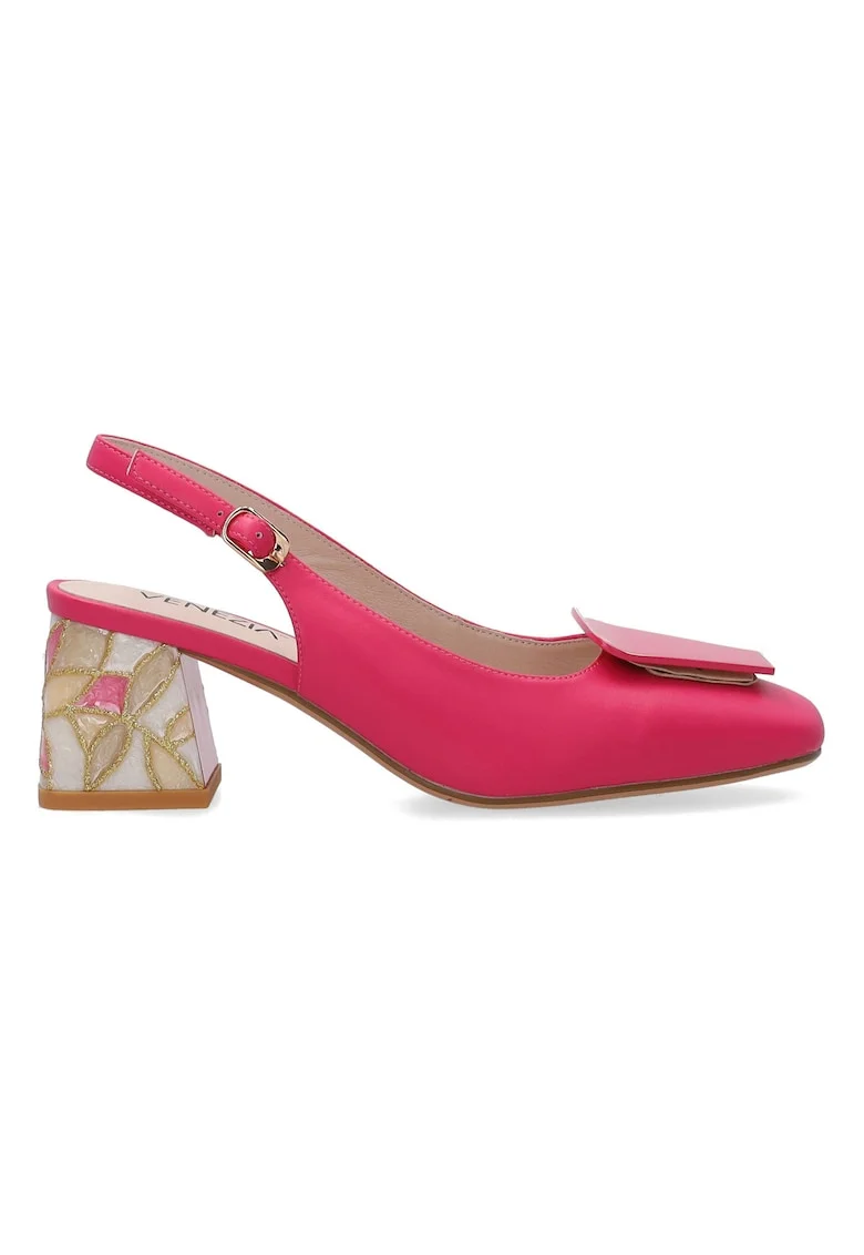 Pantofi slingback din piele uni cu toc masiv