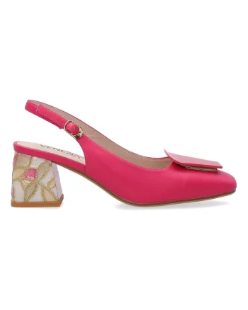Pantofi slingback din piele uni cu toc masiv