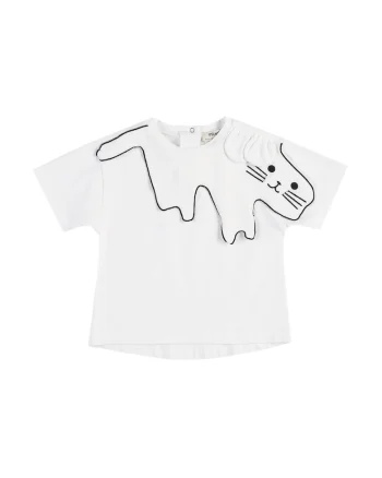 Tricou cu guler brodat pisicuta  - Hope, Ecru, pentru fetite, Fucsia/Ecru