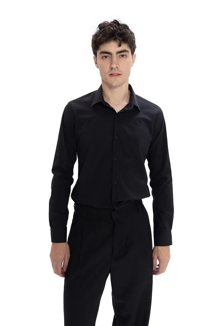 Camasa barbati,  Slim Fit, negru, bumbac, cu nasturi
