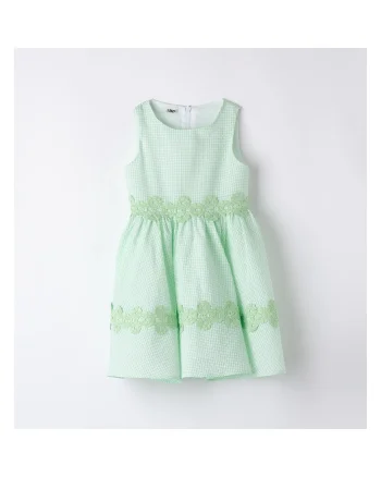 Rochie in carouri cu model floral din broderie, Verde