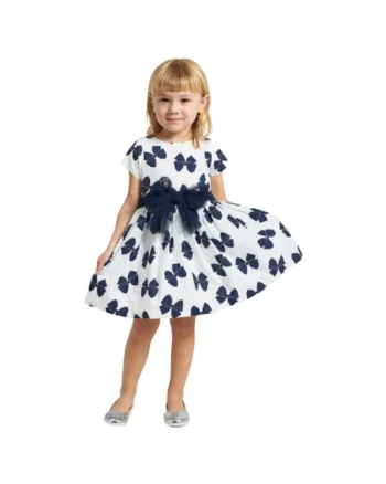 Rochie Fetițe Elegantă din Poplin, Fundă în Talie, Jupon Tul, Imprimeu Fundițe Albastre