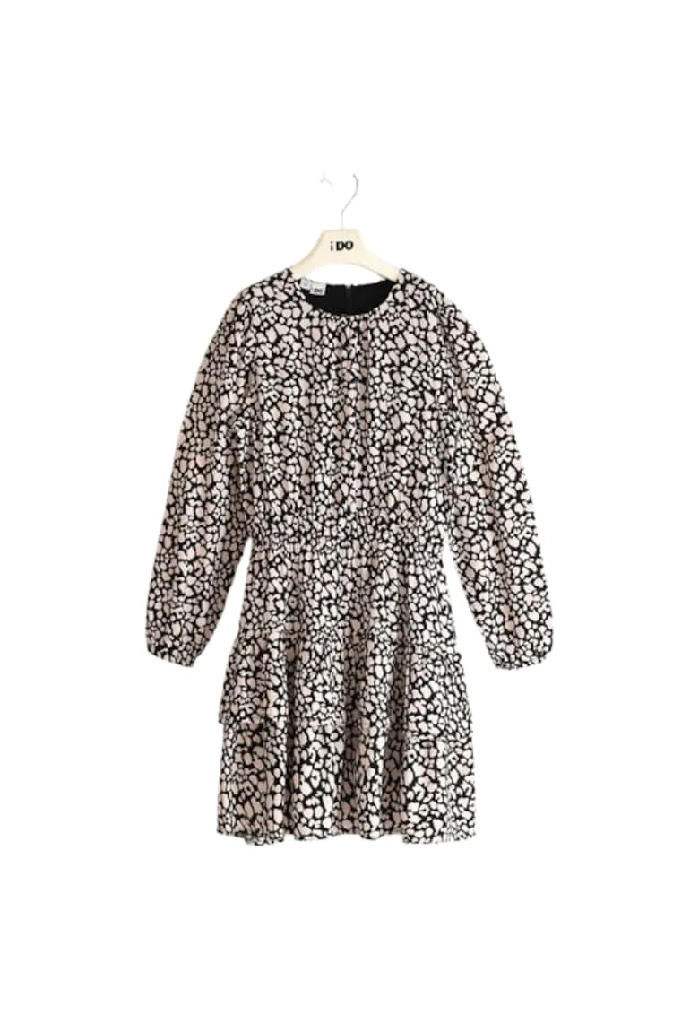 Rochie iDO din Vascoza cu Volane suprapuse si Imprimeu Animal Print