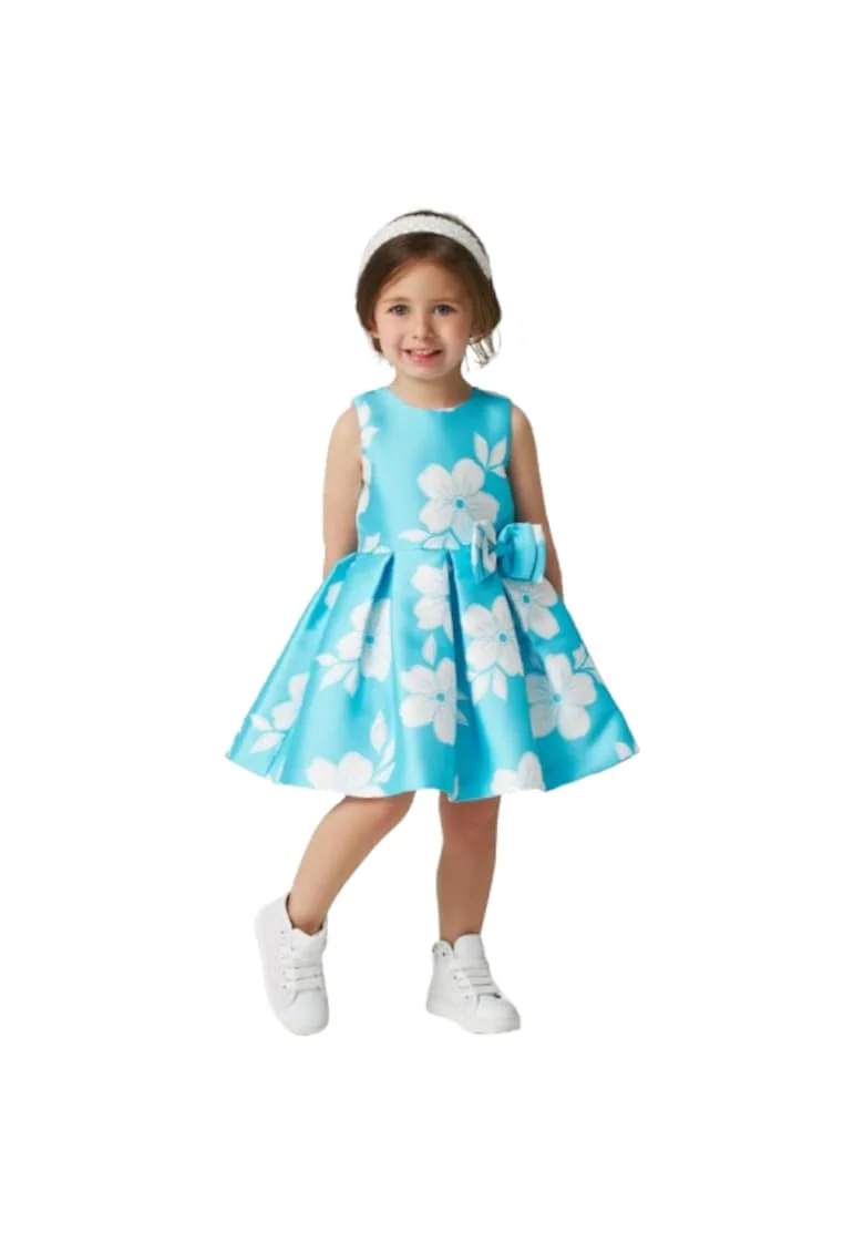 Rochie eleganta, satinata cu imprimeu floral pentru fete, Turcoaz