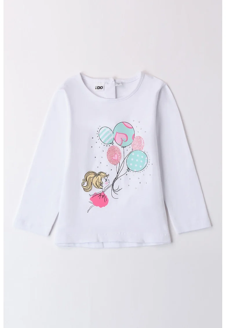 Bluza cu decolteu rotund si imprimeu grafic, Turcoaz/Roz pastel/Alb optic