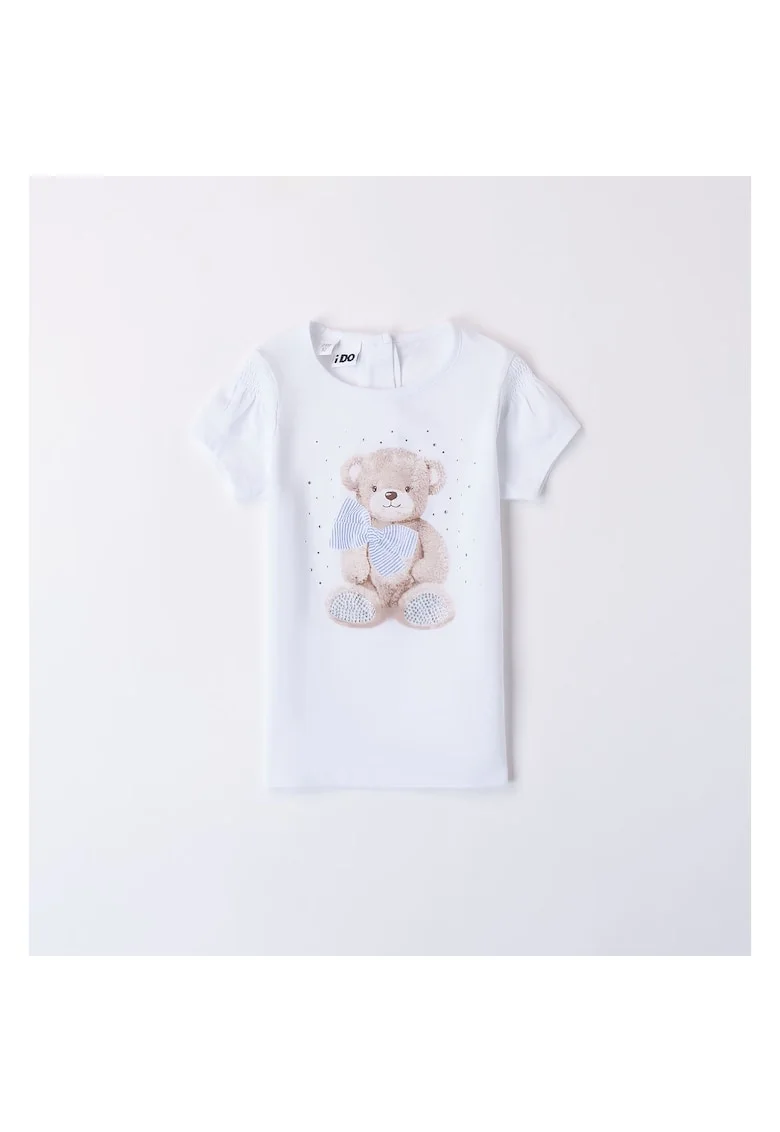 Tricou cu imprimeu ursulet si strasuri pentru fete,  4.8741, Alb/Albastru