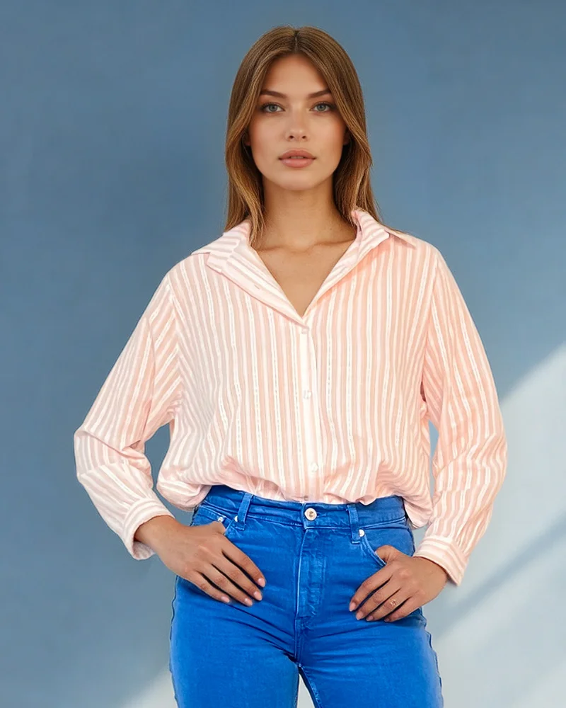 Cămașă cu mânecă lungă și dungi beige - Unica S-L