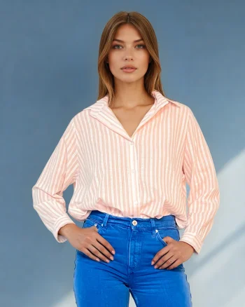 Cămașă cu mânecă lungă și dungi beige - Unica S-L