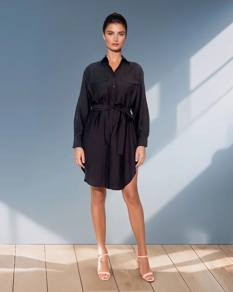 Rochie stil cămașă cu cordon negru - Unica S-L