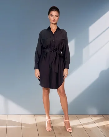 Rochie stil cămașă cu cordon negru - Unica S-L