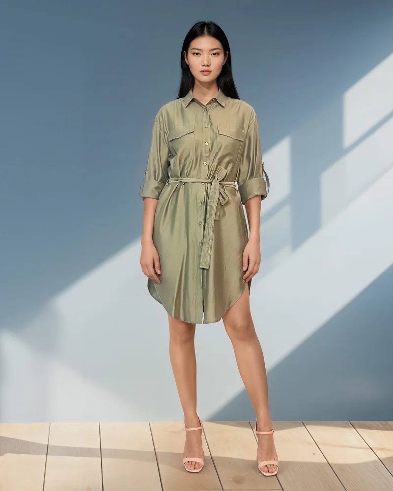 Rochie stil cămașă cu cordon kaki - Unica S-L
