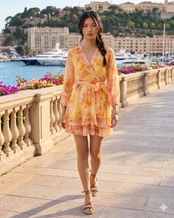 Rochie scurtă din voal cu print floral galben - Unica S-L