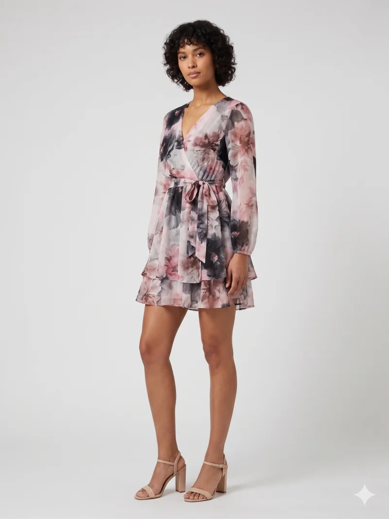 Rochie scurtă din voal cu print floral negru - Unica S-L