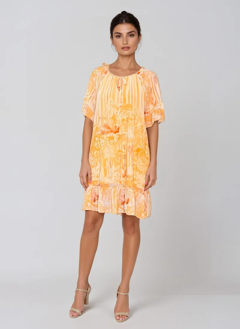 Rochie vaporoasă florală cu volan și mâneci 3/4 galben - Unica S-L