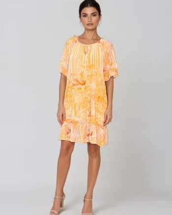 Rochie vaporoasă florală cu volan și mâneci 3/4 galben - Unica S-L