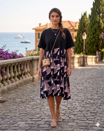 Rochie largă cu mânecă scurtă și print geometric gri - Unica (XL-3XL)