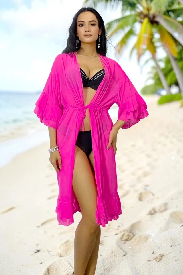 Rochie midi de plaja Amber Muse, cu volane feminine si snur reglabil, Fucsia